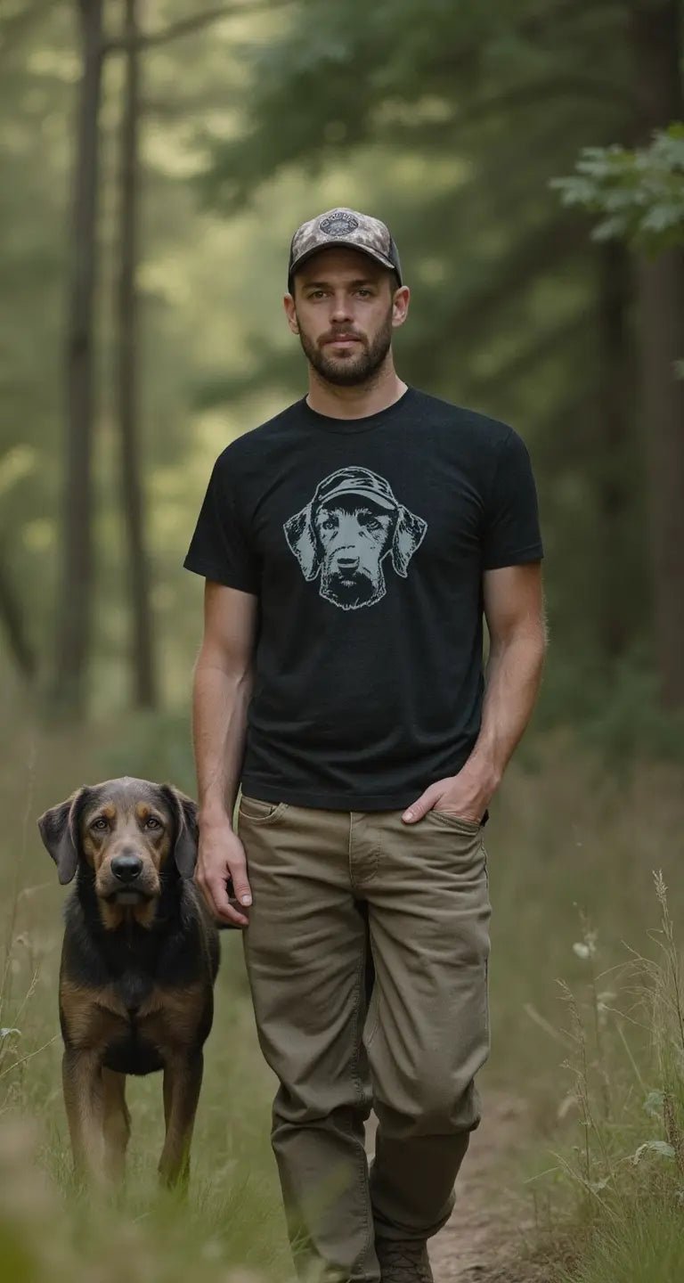 Lifestyle shot wearing Hunt Mutt black tri-blend shirt outdoors