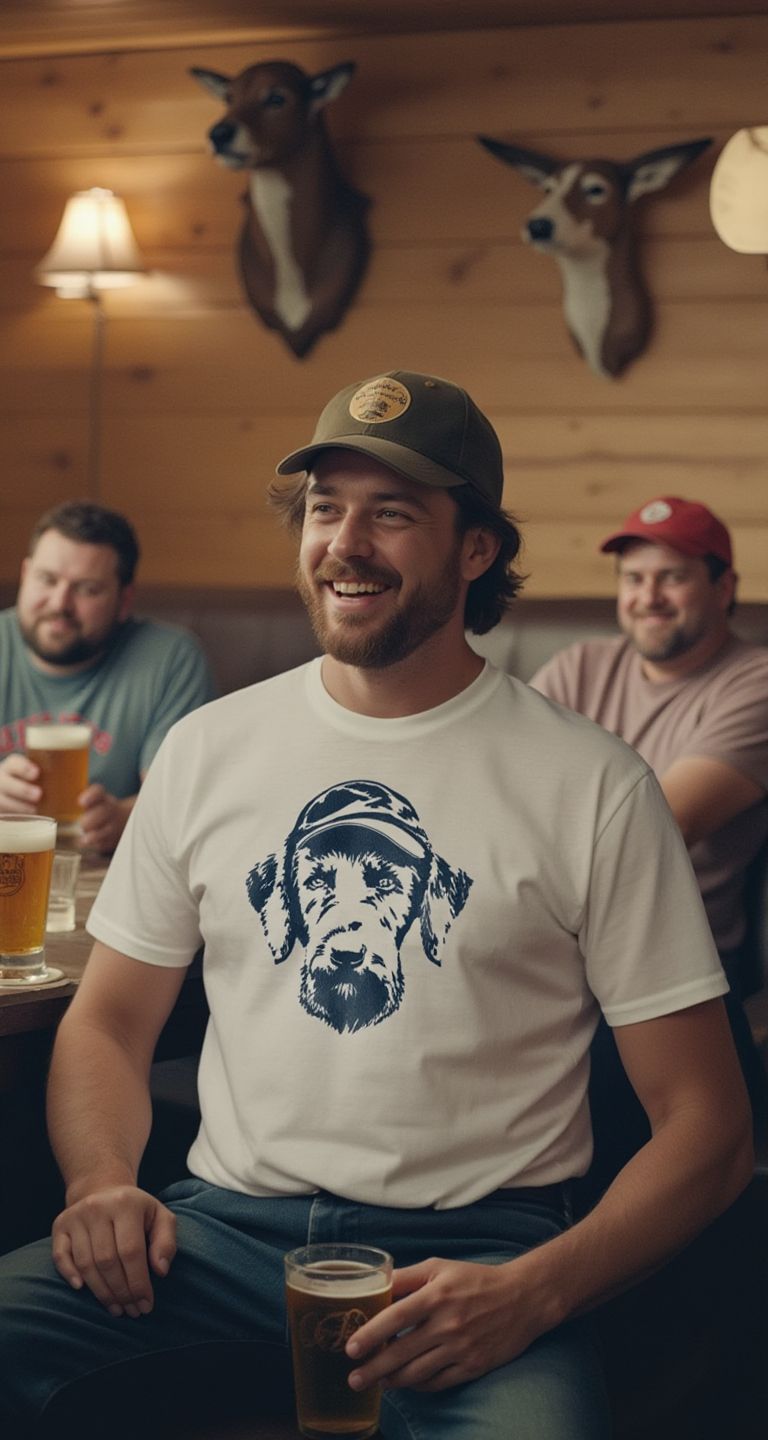Man wearing Hunt Mutt Classic Logo T-Shirt indoors at a bar
