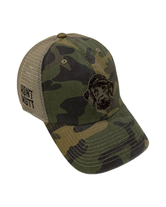 Side angle of Hunt Mutt camo mesh trucker cap