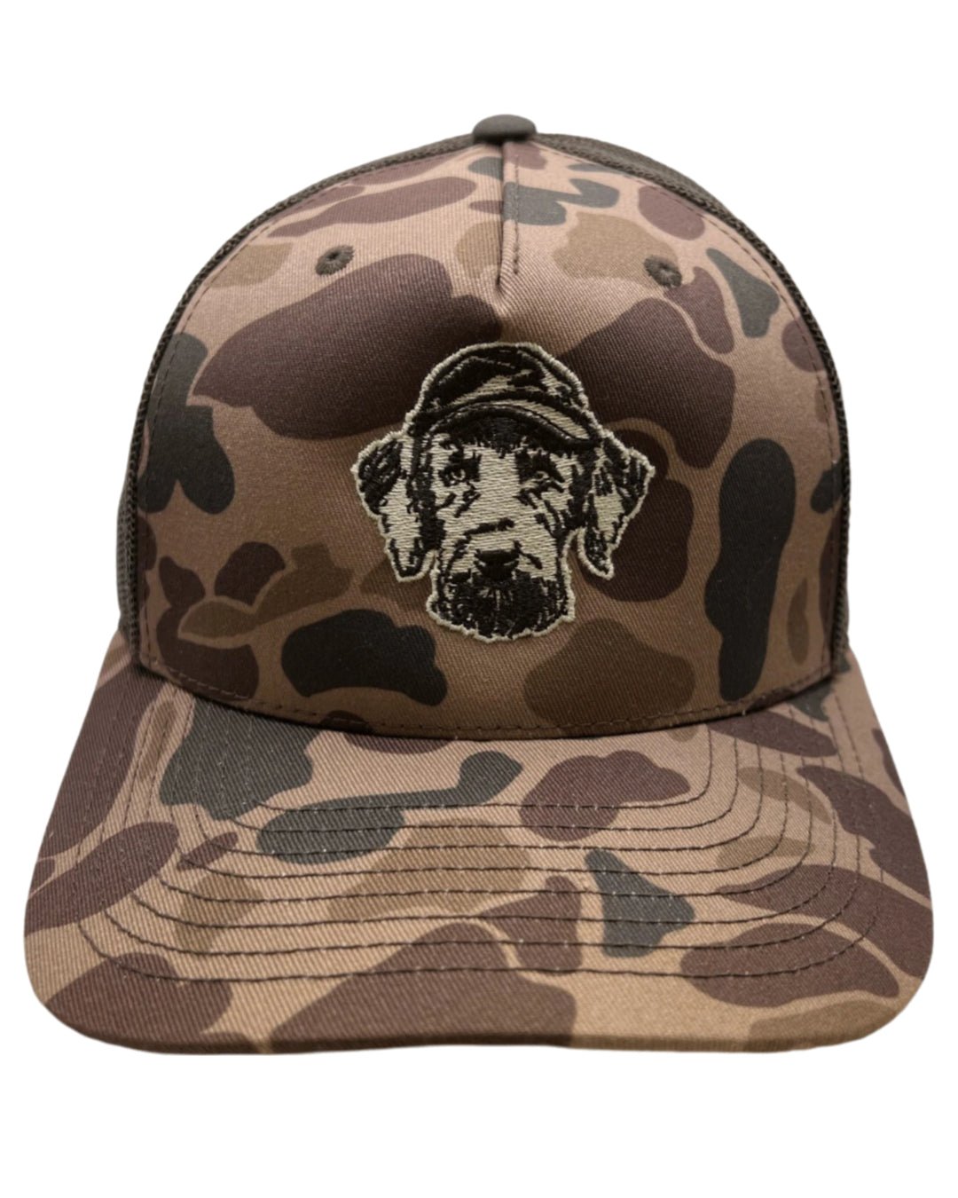 Front view of Hunt Mutt camo trucker hat structured snapback