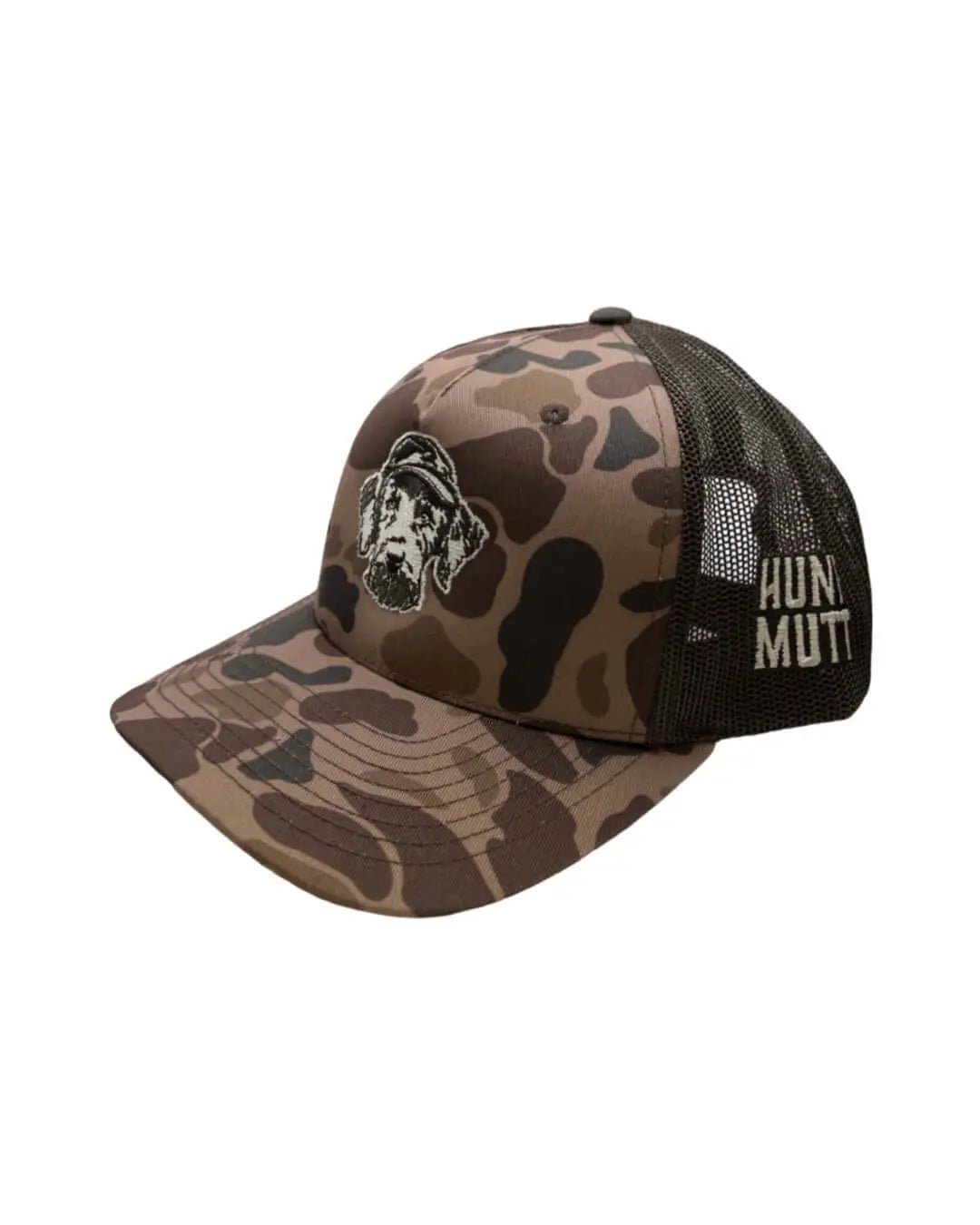 Hunt Mutt camo trucker hat with embroidered logo and mesh back