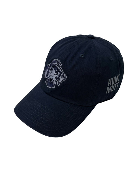 Side angle of Hunt Mutt dark dad hat low-profile cap