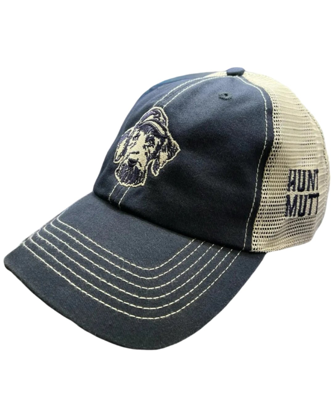 Side view of Hunt Mutt mesh back snapback cap