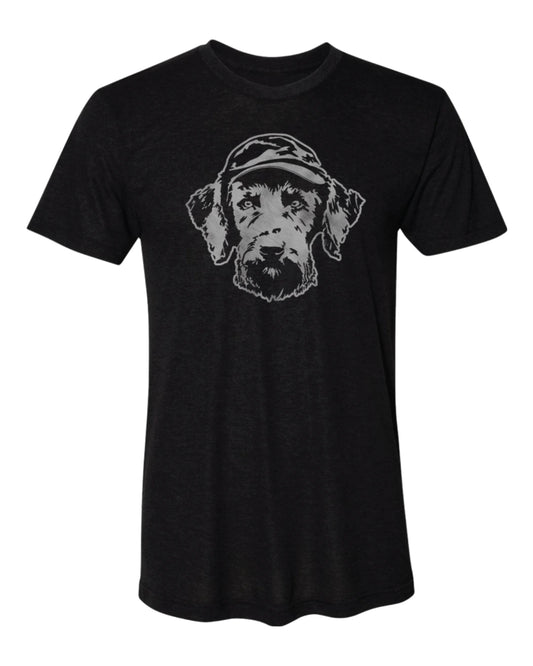 Unisex Soft Tee in Black Heather With Hunt Mutt Logo of a Dog Wearing a Hat on Front