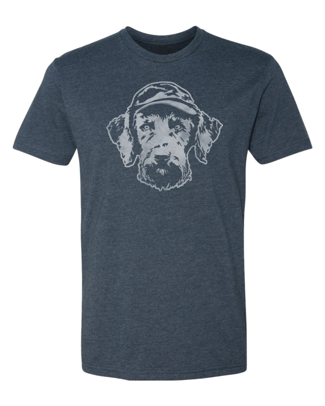 Unisex Soft Tee in Navy Blue With Hunt Mutt Logo of a Dog Wearing a hat on Front