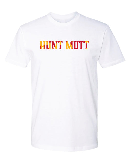 Unisex Soft Tee in White With Kansas City Chiefs Red and Orange Camo Hunt Mutt Lettering on Front