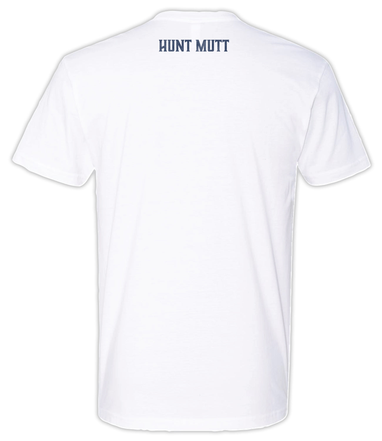 Unisex Soft Tee in White With Navy Blue Hunt Mutt on Back