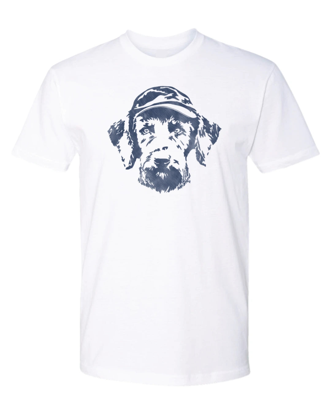 Unisex Soft Tee in White With Navy Blue Hunt Mutt Logo of a Dog Wearing a Hat on Front